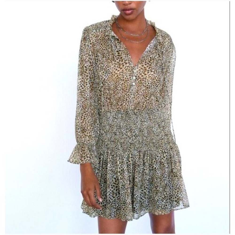 Zara Animal Print Smocked Mini Dress M